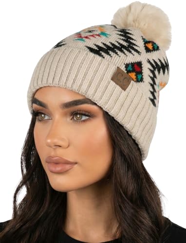 Funky Junque Women’s Pom Pom Beanie – Soft Knit Winter Hats for Women & Teens, Warm Fashionable Beanie with Faux Fur Poms - color: Aztec - Beige