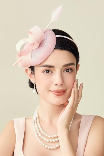 BABEYOND Fascinators Hats for Women Pillbox Feather Derby Tea Party Hat - color: Light Pink