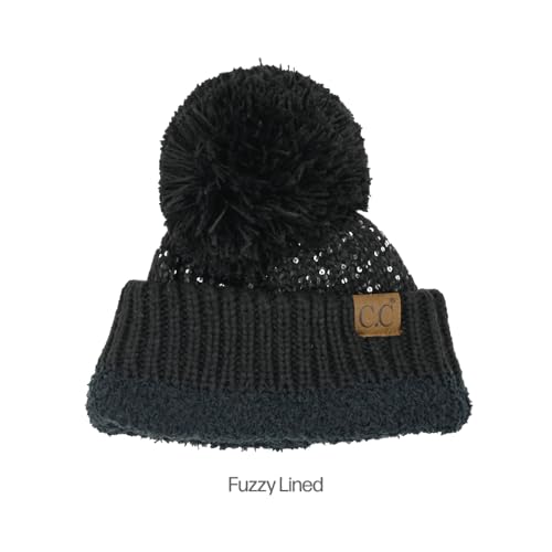 C.C Sequin Pom Beanie for Women - Acrylic Stretchable Soft Warm Knit Winter Skully Hat with Yarn Pom - color: Sequin-black / Black