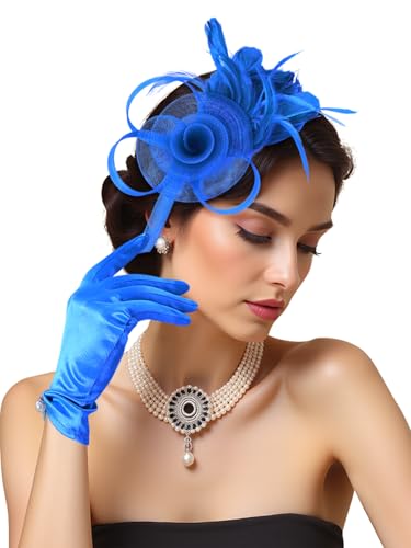 2Pcs 50s Fascinators Hats for Women Wedding Cocktail Flower Mesh Ribbons Feathers Church Tea Party Hats and Lace Glove - color: Blue