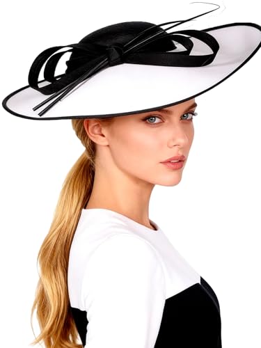 Big Wide Brim Fascinator Hats for Women Ladies Kentucky Tea Party Dress Flat Top Fedoras Hat with Bow Feather - color: Black With White
