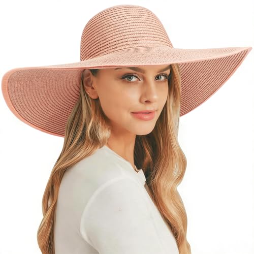 AQOKKA Sun Hats for Women Big Straw Wide Brim Summer Beach Hat Floppy Foldable Roll up Cap for Outdoor UPF 50+ - color: Wide Brim : Blush Pink
