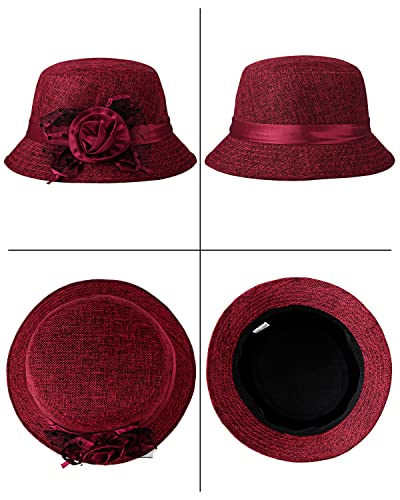 1920s Gatsby Church Cloche Derby Hats for Women Ladies Bow Bucket Wedding Bowler Hats Tea Party - color: Red