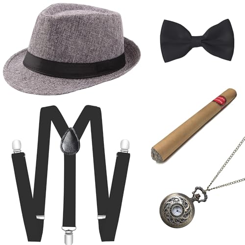 BABEYOND 1920s Mens Gatsby Gangster Accessories Set Panama Hat Suspender Bow Tie - color: Gray Set