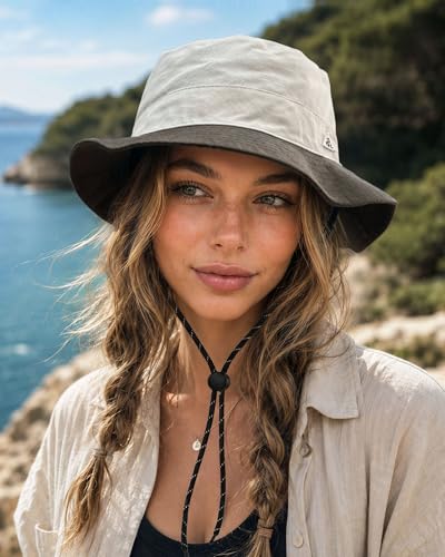 CLAPE Bucket Sun Hat, Reversible Packable Travel Hat with Chin Strap
