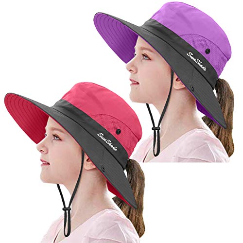 2 Pieces 5-14Y Kids Summer Sun Hat Wide Brim UV Protection for Girls Ponytail Beach Bucket Cap - color: Purple＆watermelon Red