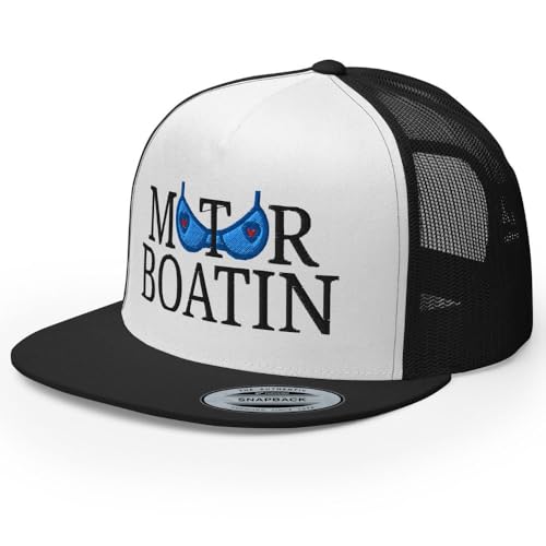NX Motor Boatin Embroidered Flat Bill Trucker Hat High Crown Snapback Cap - color: Black/ White/ Black