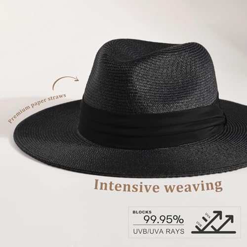 FURTALK Womens Mens Wide Brim Straw Panama Hat Fedora Summer Beach Sun Hat - color: Black, size: Large-X-Large