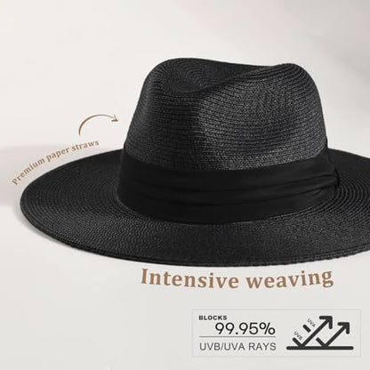 FURTALK Womens Mens Wide Brim Straw Panama Hat Fedora Summer Beach Sun Hat - color: Black, size: Medium-Large