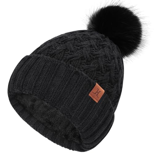 FZ FANTASTIC ZONE Winter Beanie Hats for Women Fleece Lined Knit Pompom Hat - color: Black