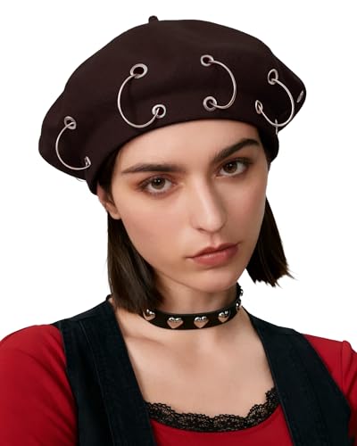 AWAYTR Punk Beret Hat for Women - 90% Wool Blend Goth Alt French Cap - color: Coffee