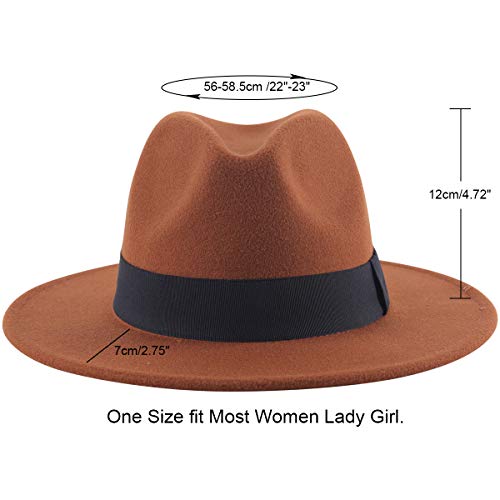 Lanzom Classic Fedora Hats for Women Lady Wide Brim Felt Panama Hat with Belt Buckle - color: Coffee