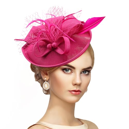 Zinniday Kentucky Fascinators Hats for Women - Vintage Tea Party Outfit Headband Church Derby Hat for Women (9.64x7.87inch) - color: Rose Red