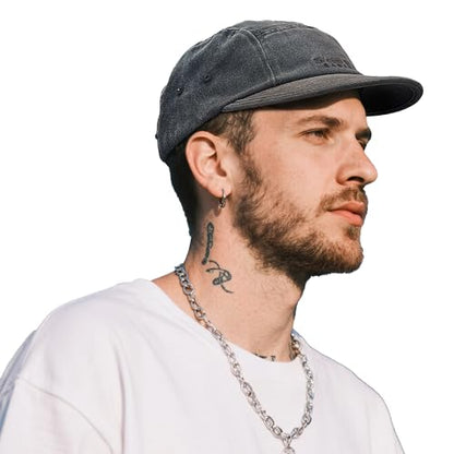 Clakllie Flat Brim Baseball Cap Retro 5 Panel Short Brim Cap Embroidered Trucker Hat Running Hats UPF 50+ Umpire Hats,Gray
