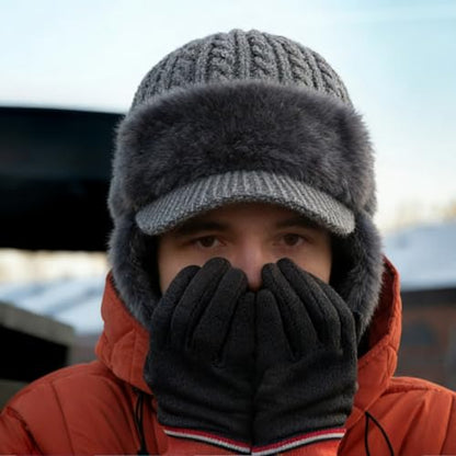 Winter Coldshield Trapper Beanie Hats with Brim and Ear Flaps, Fleece Lined Warm Knit Hat for Men Women Thermal Stocking Cap - color: Gray