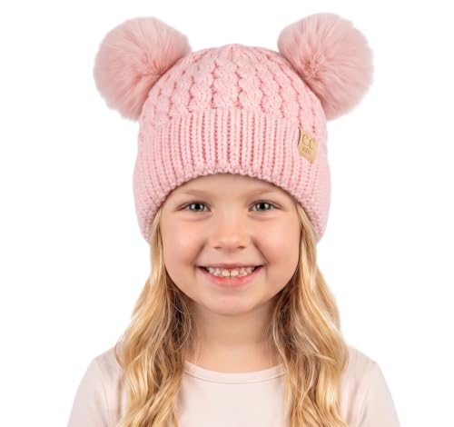 C.C Kids' Cable Knit Double Pom Beanie for Kids - Comfortable Soft Warm Children Skully Hat with Pom - color: Matching Faux Fur Pom Pale Pink