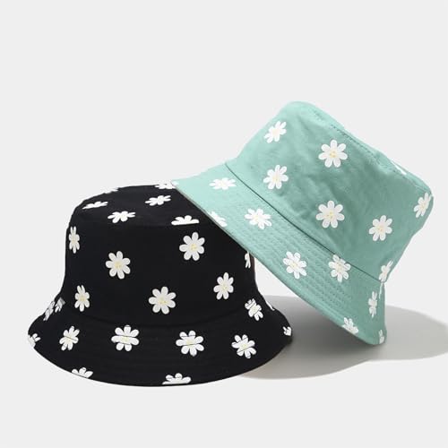Bucket Hat for Women Men, Cotton Reversible Double Side Wear Sun Hats Beach Fisherman Hat - color: Flower Green