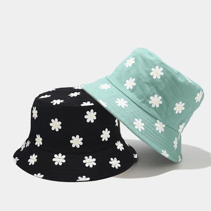 Bucket Hat for Women Men, Cotton Reversible Double Side Wear Sun Hats Beach Fisherman Hat - color: Flower Black