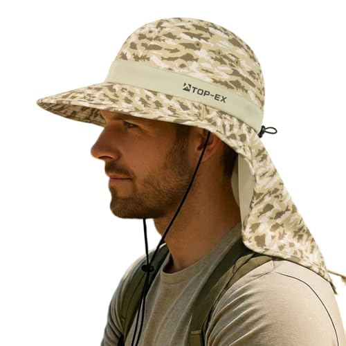 TOP-EX UPF 50+ Cooling Wide Brim Sun Hat for Men with Neck Flap, Packable - color: Desert - Fish Camo, size: Medium-Large