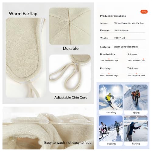 Mens Womens Warm Fleece Beanie Soft Winter Hat with Ear Flaps Windproof Ski Snow Cycling Skull Cap Helmet Liner - color: Beige