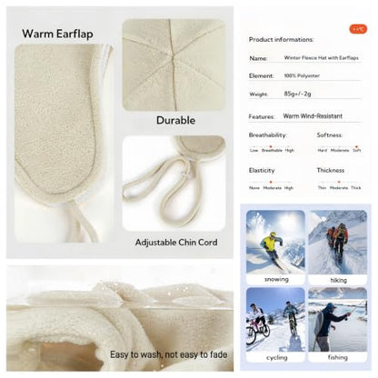 Mens Womens Warm Fleece Beanie Soft Winter Hat with Ear Flaps Windproof Ski Snow Cycling Skull Cap Helmet Liner - color: Beige
