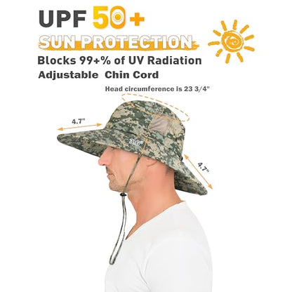 Men Safari Sun Hat Wide Brim Boonie Fishing Cap with Adjustable Drawstring - color: Grey Digital Camo