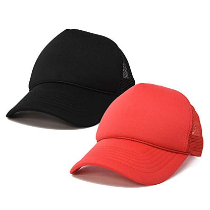 DALIX Solid Blank Trucker Hats Caps 2 Pack - color: Black and Red