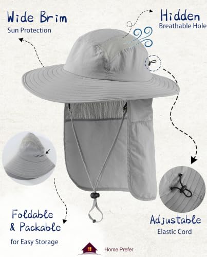 Home Prefer UPF 50+ Sun Hat with Neck Flap Wide Brim Fishing Hat for Men - color: Light Gray