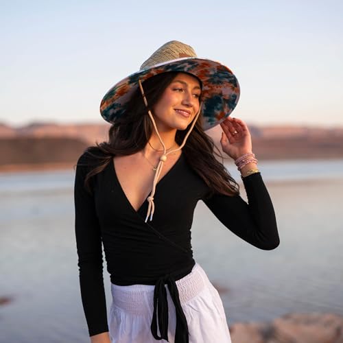 Women's Wide Brim Straw Sun Hat for Beach, Lifeguard Style, Hand-Woven Rush & Mat, Adjustable Chin Drawstring - color: The Lucy