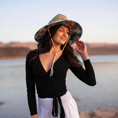Women's Wide Brim Straw Sun Hat for Beach, Lifeguard Style, Hand-Woven Rush & Mat, Adjustable Chin Drawstring - color: The Lucy