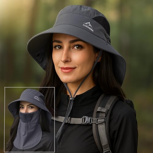 Sun Hat for Men & Women, Breathable Wide Brim Outdoor Fishing Hat with Face Cover & Neck Flap - color: Dark Gray