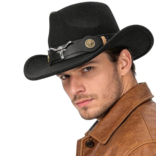 IZUS Women Sparkly-Rhinestone Western-Cowgirl-Hat Glitter-Bling Cowboy-Hat Felt-Rodeo-Hat for Disco-Party Medium/Large - color: Black-s3 Black Bull Strap