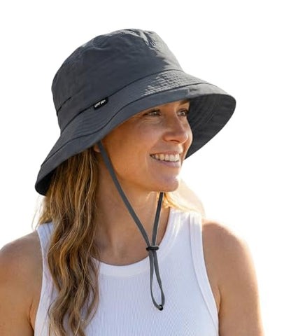 Bucket Sun Hat for Women, UPF 50+ Wide Brim, Packable, Waterproof Rain Hat for Hiking Outdoor Travel - color: Dark Grey