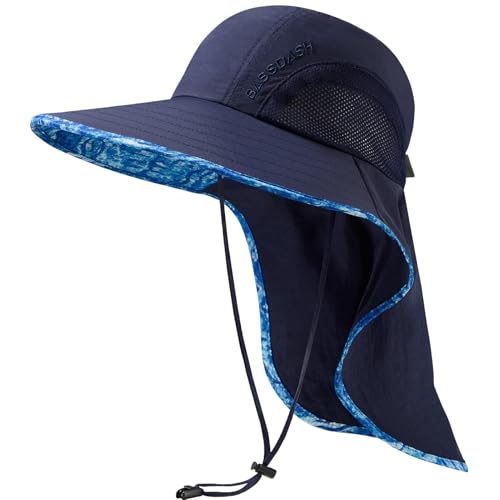 BASSDASH UPF 50+ Unisex Water Resistant Wide Brim Sun Hat with Large Neck Flap Ponytail Fishing Hat for Men Women - color: Navy Blue/Ripple