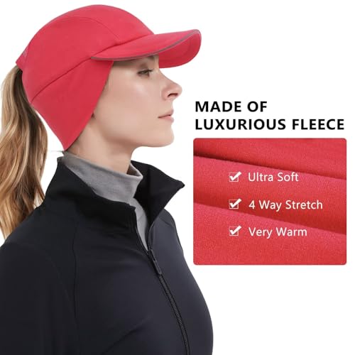 GADIEMKENSD Women's Winter Reflective Fleece Ponytail Hat with Drop Down Ear Warmer - color: Red