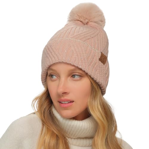 C.C Sequin Pom Beanie for Women - Acrylic Stretchable Soft Warm Knit Winter Skully Hat with Yarn Pom - color: Angora-rose