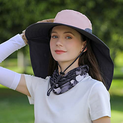 HUAMULAN Women Men Wide Brim Sun Hat Hiking Fishing Hats with Neck Flap - color: Hyp011-pink