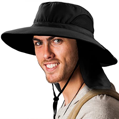SUN CUBE Wide Brim Sun Hat for Men & Women, UPF 50+ UV Protection, Mesh Boonie Hat with Chin Strap, Fishing Hiking Hat - color: Black With Flap