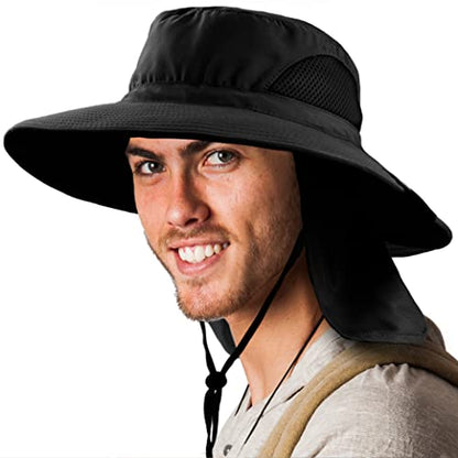 SUN CUBE Wide Brim Sun Hat for Men & Women, UPF 50+ UV Protection, Mesh Boonie Hat with Chin Strap, Fishing Hiking Hat - color: Black With Flap