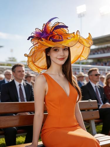 Organza Church Derby Hats for Women Wedding Tea Party Fascinator Floral Wide Brim Sun Hat - color: Style05 Orange Purple