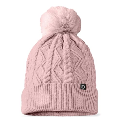 DALIX Cable Knit Pom Beanie Soft Stretch Skully Warm Fuzzy Faux Sherpa Winter Ski Beanie - color: Mauve