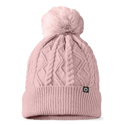DALIX Cable Knit Pom Beanie Soft Stretch Skully Warm Fuzzy Faux Sherpa Winter Ski Beanie - color: Mauve