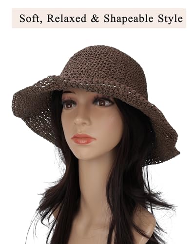 Womens Crochet Straw Sun Hat Foldable Floppy Wide Brim Beach Hat for Summer - color: Coffee