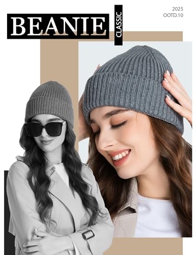 vidsel 50% Wool Thick Beanie Hat Men Women, Seamless Cuffed Knit Cap, Gray