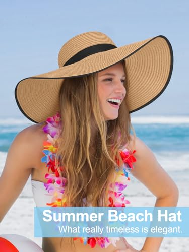 Floppy Sun Hats for Women, Summer Wide Brim Straw Beach Hat - color: Khaki Black, size: X-Large