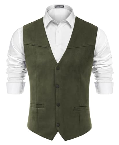 PJ PAUL JONES Men's Western Cowboy Vest Leather Suede Casual Waistcoat - color: Army Green, size: Medium
