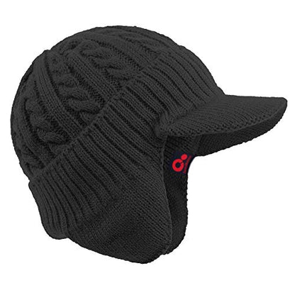 Women's Winter Cable Knitted Visor Beanie Fleece Lining Ear Flap Baseball Cap Hunting Trapper Hat with Billed - color: Black