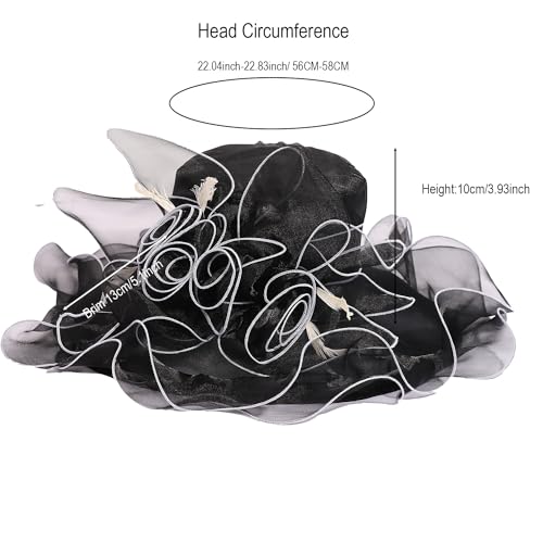 Women Oganza Sun Hat Church Wide Brim Wedding Formal Fascinator Hat - color: Black & White