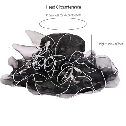Women Oganza Sun Hat Church Wide Brim Wedding Formal Fascinator Hat - color: Black & White