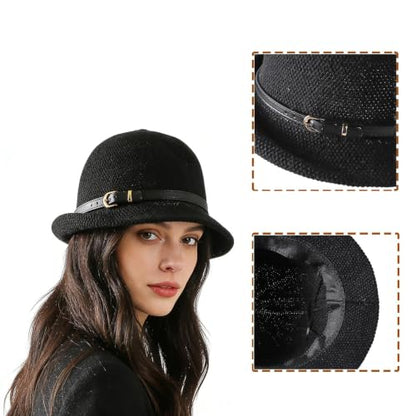 Women Beach Cloche Sun Bucket Hat Rolled Church Hat Folded Shipping - color: Belt/Black